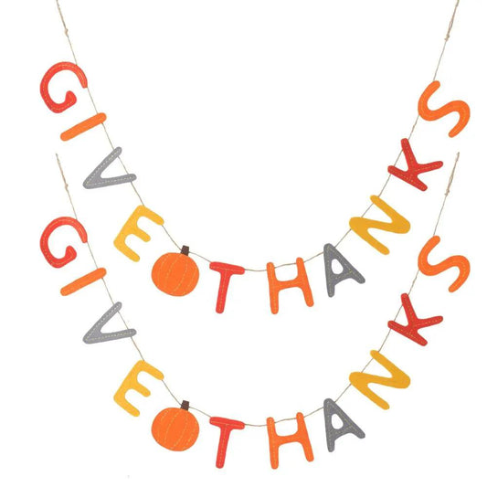 Give Thanks garland set of 2 orange yellow gray felt letters with pumpkin accents on twine on Tampa Home & Garden Store