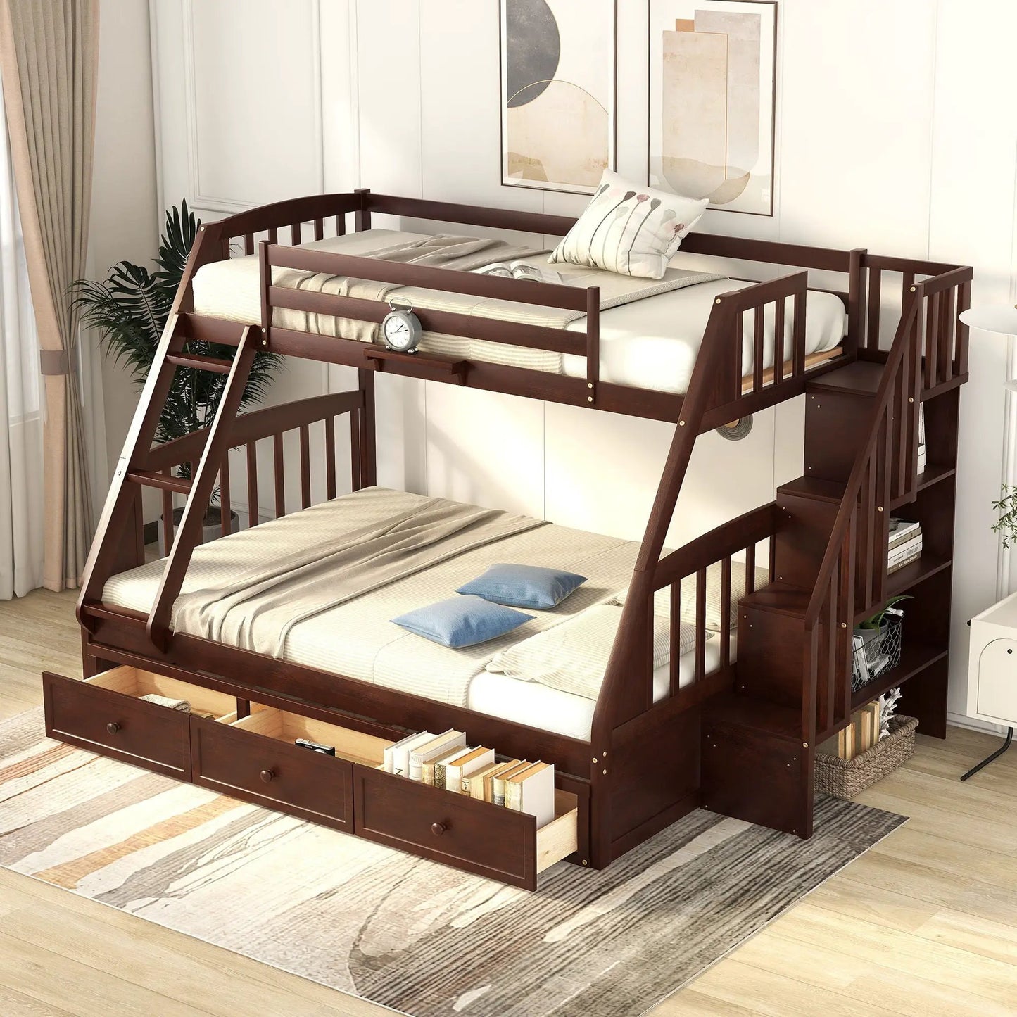 Unique Piece Furniture bunk bed with drawers, ladder and storage staircase in dark wood on Tampa Home & Garden Store
