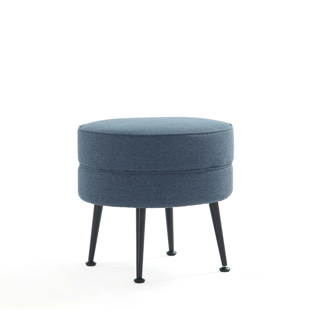Bailey Accent Ottoman HouseOfZazla, round blue denim upholstered ottoman with black metal legs on Tampa Home & Garden Store