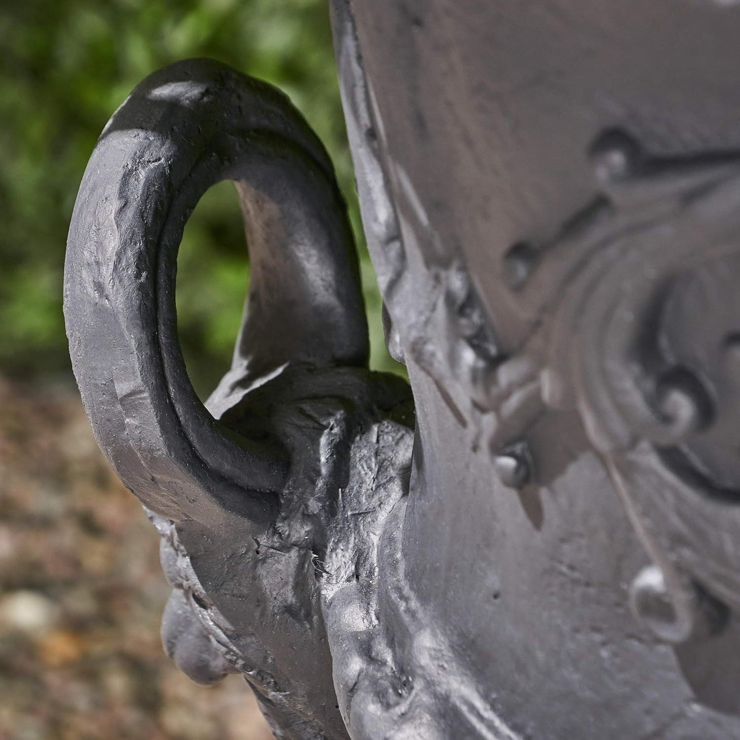 MGO Garden Urn Planter textured dark iron finish with ring handle on Tampa Home & Garden Store