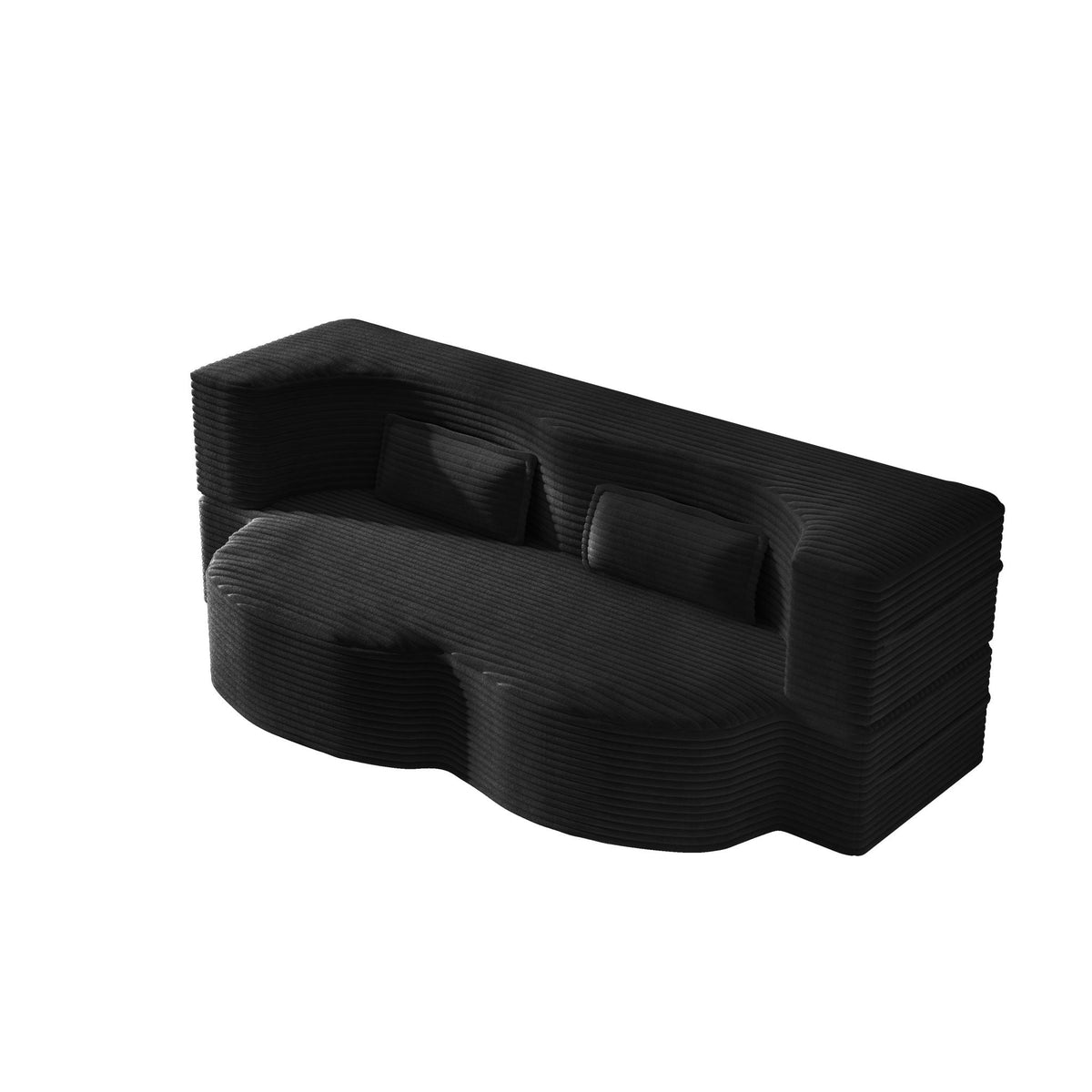 Modern floor futon sofa with 2 pillows in black ribbed fabric, convertible twin size on Tampa Home & Garden Store