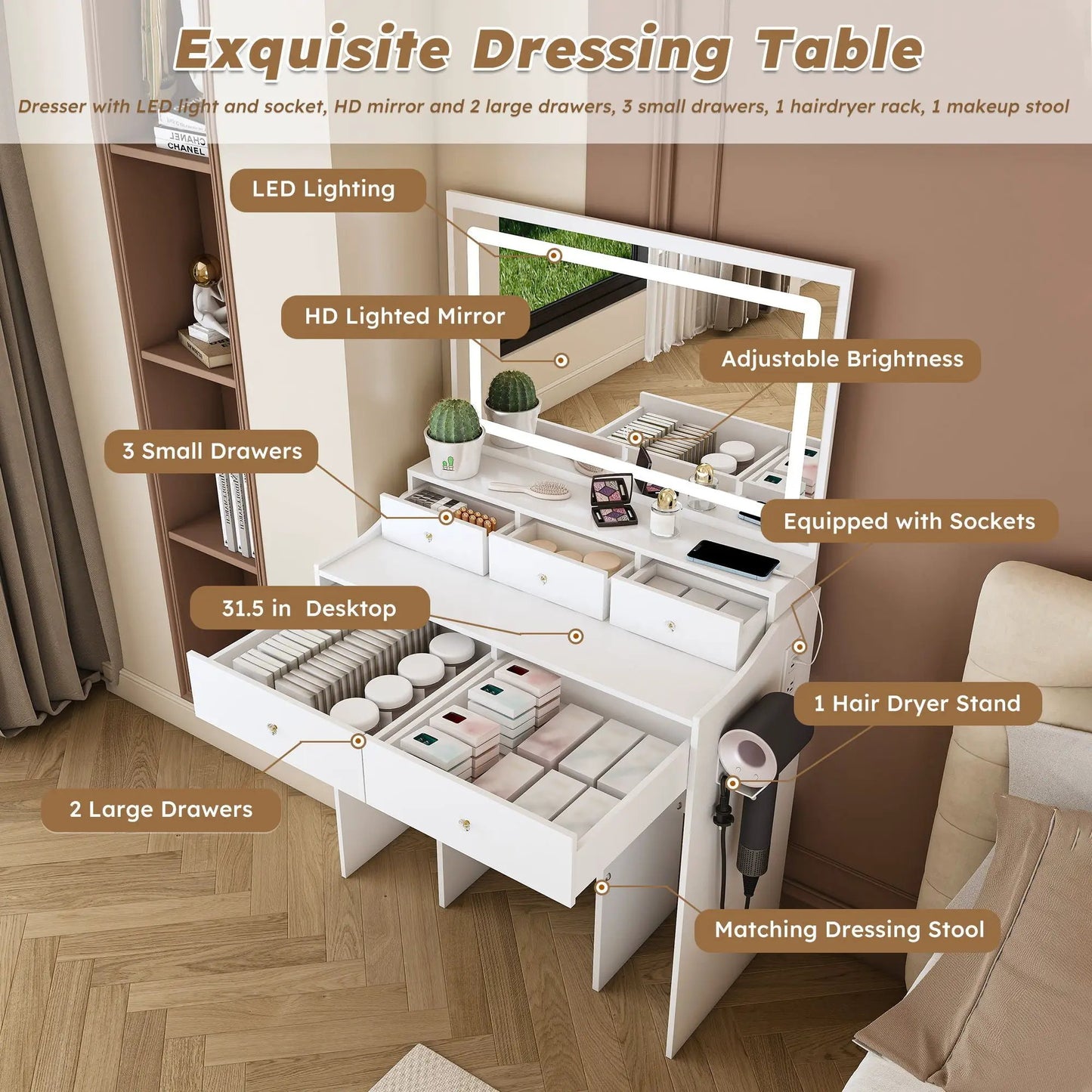 White makeup vanity with LED mirror and hair dryer stand, drawers by Unique Piece Furniture on Tampa Home & Garden Store