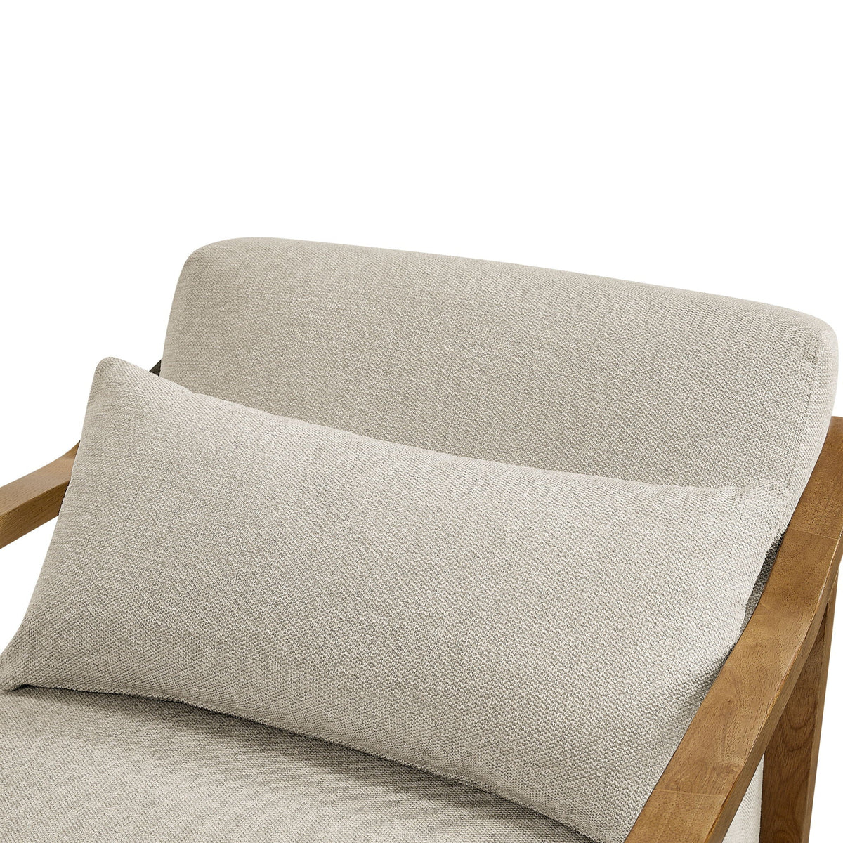 Arm accent chair in beige textured upholstery with wooden armrests on Tampa Home & Garden Store