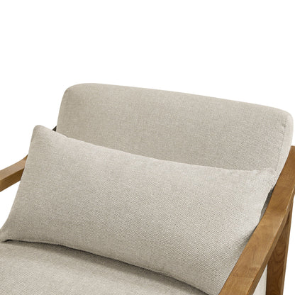 Arm accent chair in beige textured upholstery with wooden armrests on Tampa Home & Garden Store