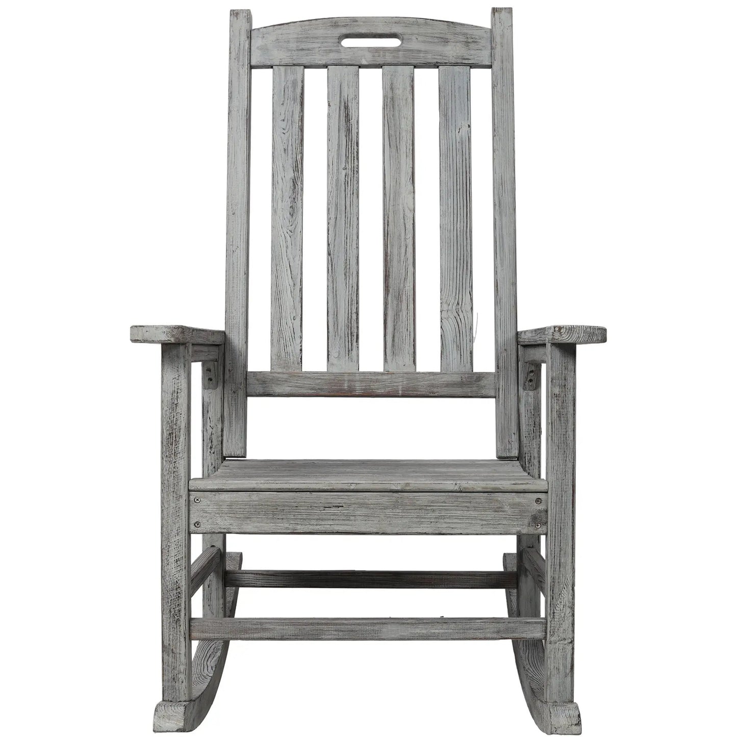Oversized porch rocker chair with wide seat and tall back, weathered gray wood on Tampa Home & Garden Store