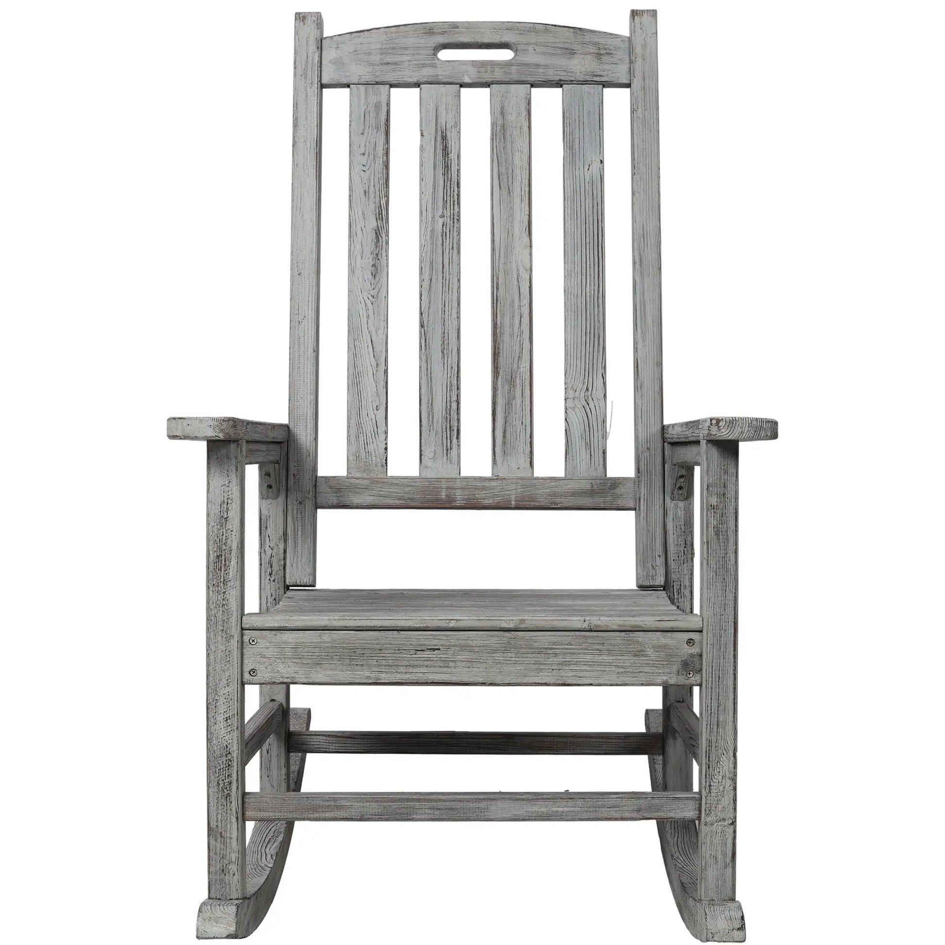Oversized porch rocker chair with wide seat and tall back, weathered gray wood on Tampa Home & Garden Store