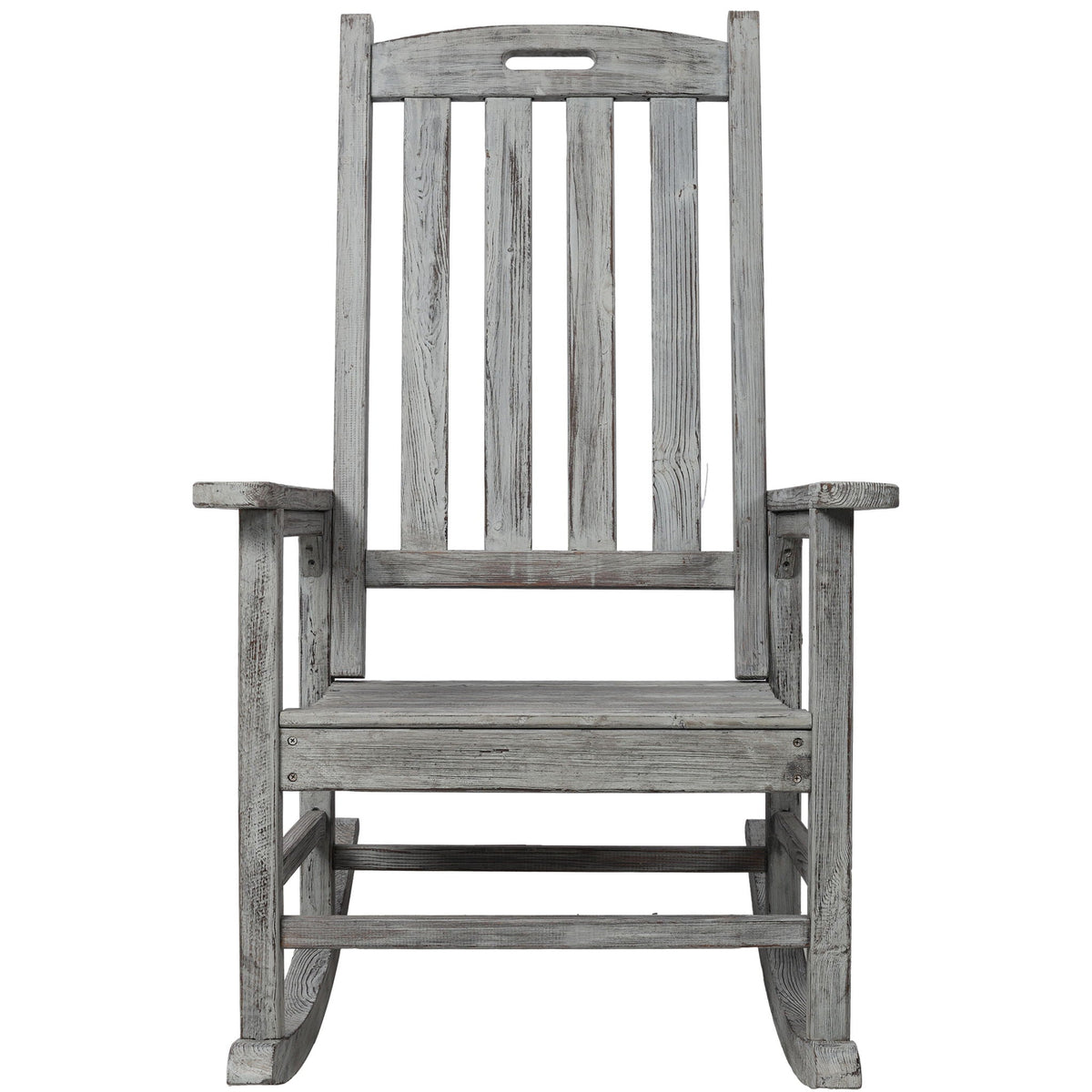 Oversized porch rocker chair in weathered gray wood with wide seat by HouseOfZazla on Tampa Home & Garden Store