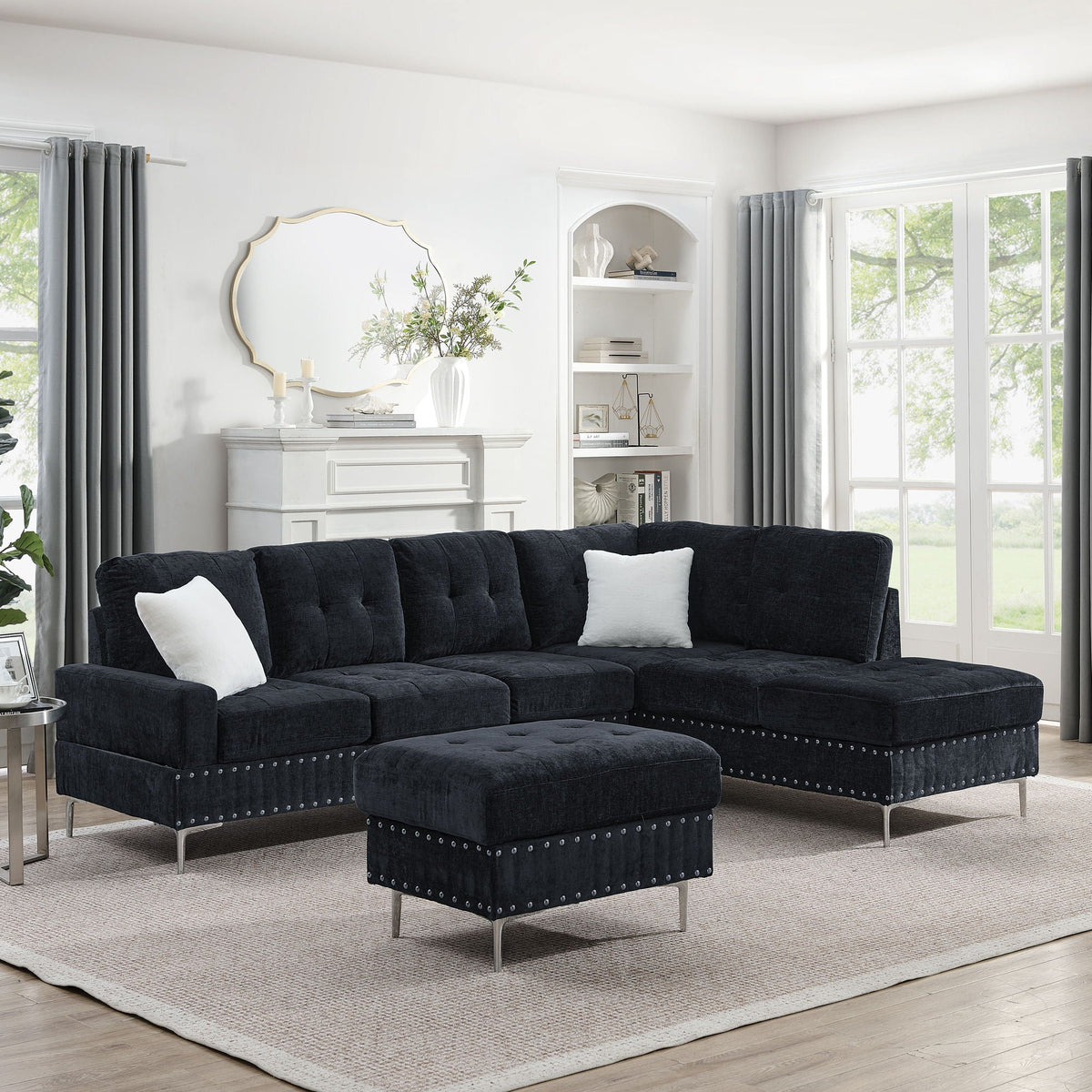 Dark navy L-shaped sectional sofa with chaise and storage ottoman, includes 2 pillows on Tampa Home & Garden Store