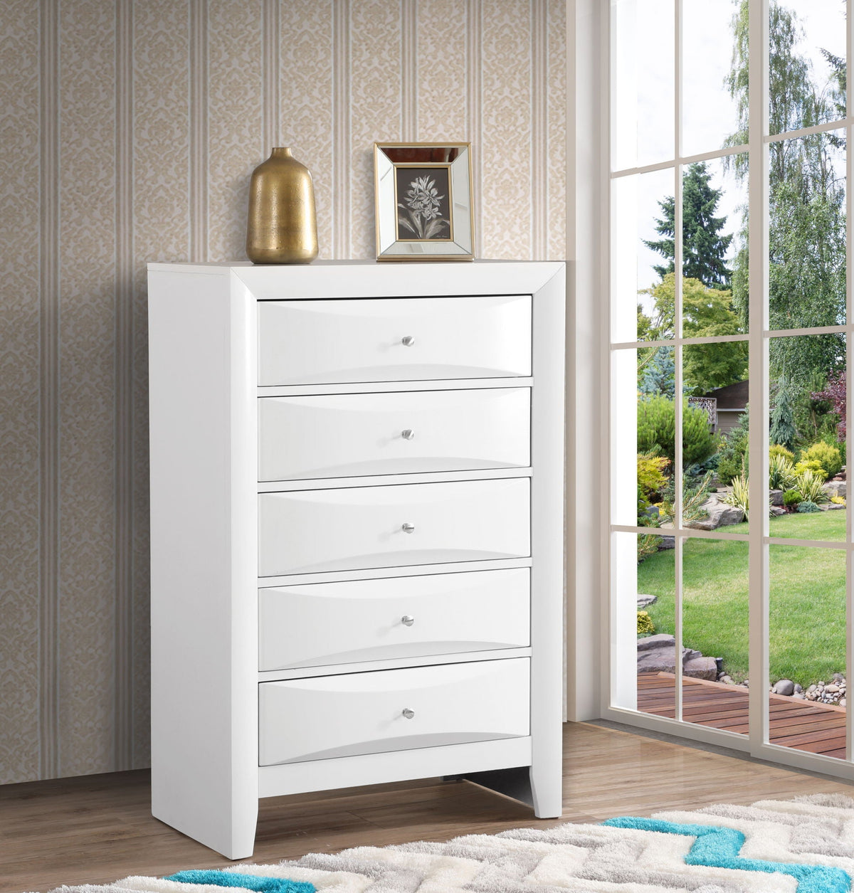 Accent Chest with Molded Resin Drawers in white finish, gold vase and framed art atop on Tampa Home & Garden Store