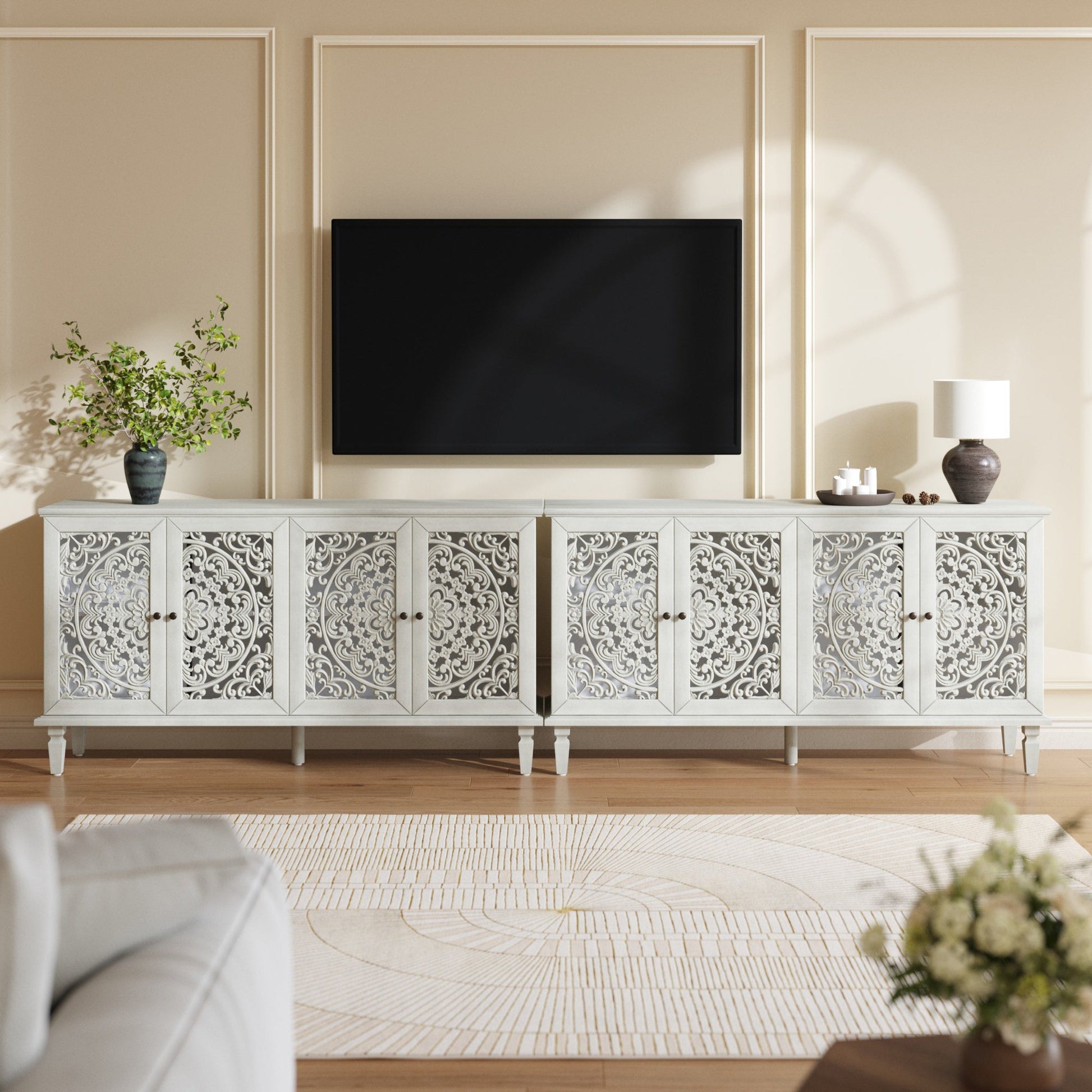 60in antique buffet cabinet with floral carvings, light gray finish, solid wood legs HouseOfZazla on Tampa Home & Garden Store