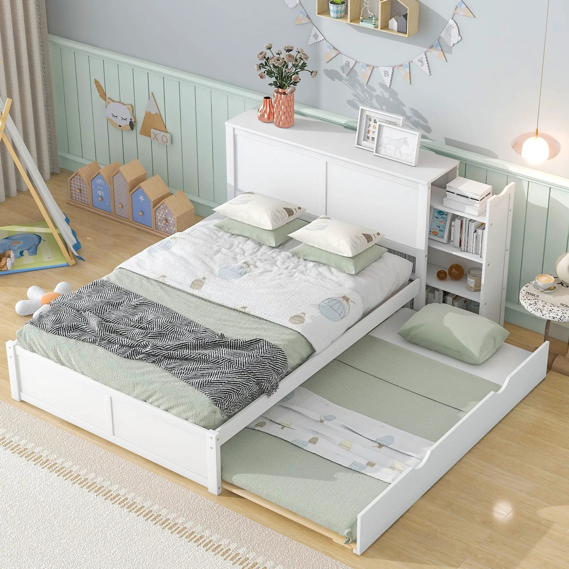 Storage platform bed with pull-out shelves and trundle, white finish, 2 twin beds on Tampa Home & Garden Store