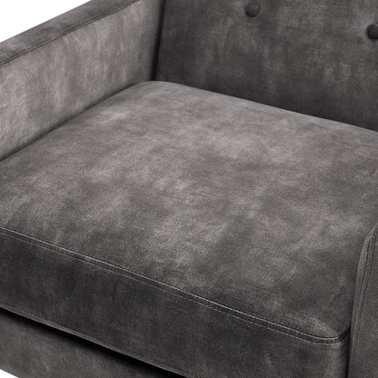 Tufted back accent armchair upholstery close-up in dark gray fabric with visible stitching on Tampa Home & Garden Store