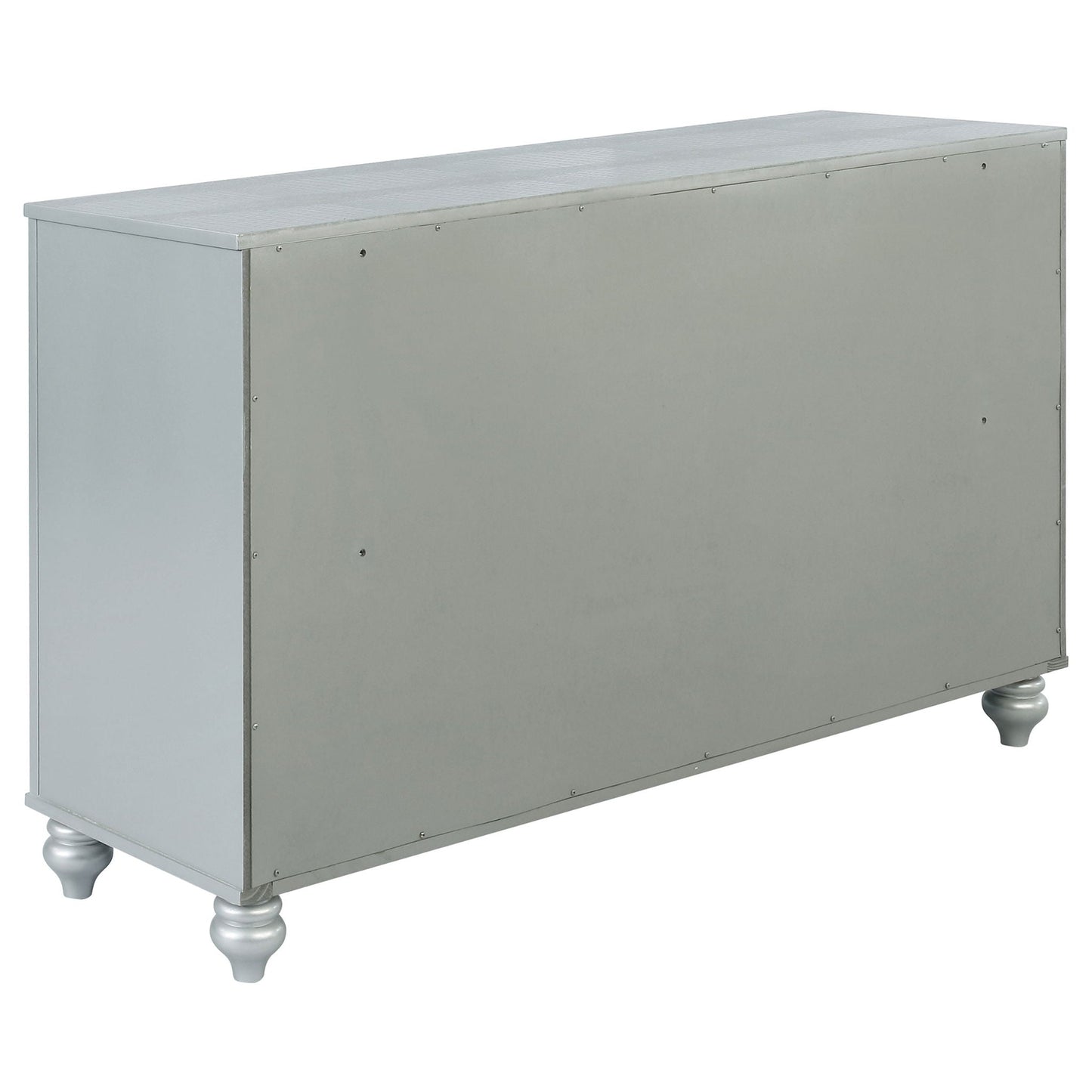 Arabesque 4 Piece Queen Bedroom Set silver metal storage bed base with riveted panels and legs on Tampa Home & Garden Store
