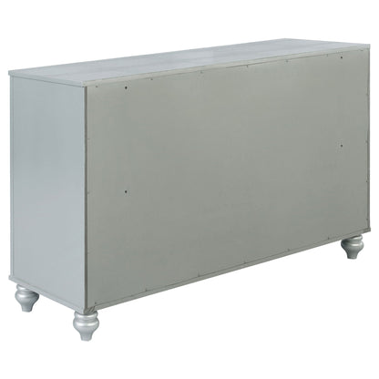Arabesque 4 Piece Queen Bedroom Set silver metal storage bed base with riveted panels and legs on Tampa Home & Garden Store
