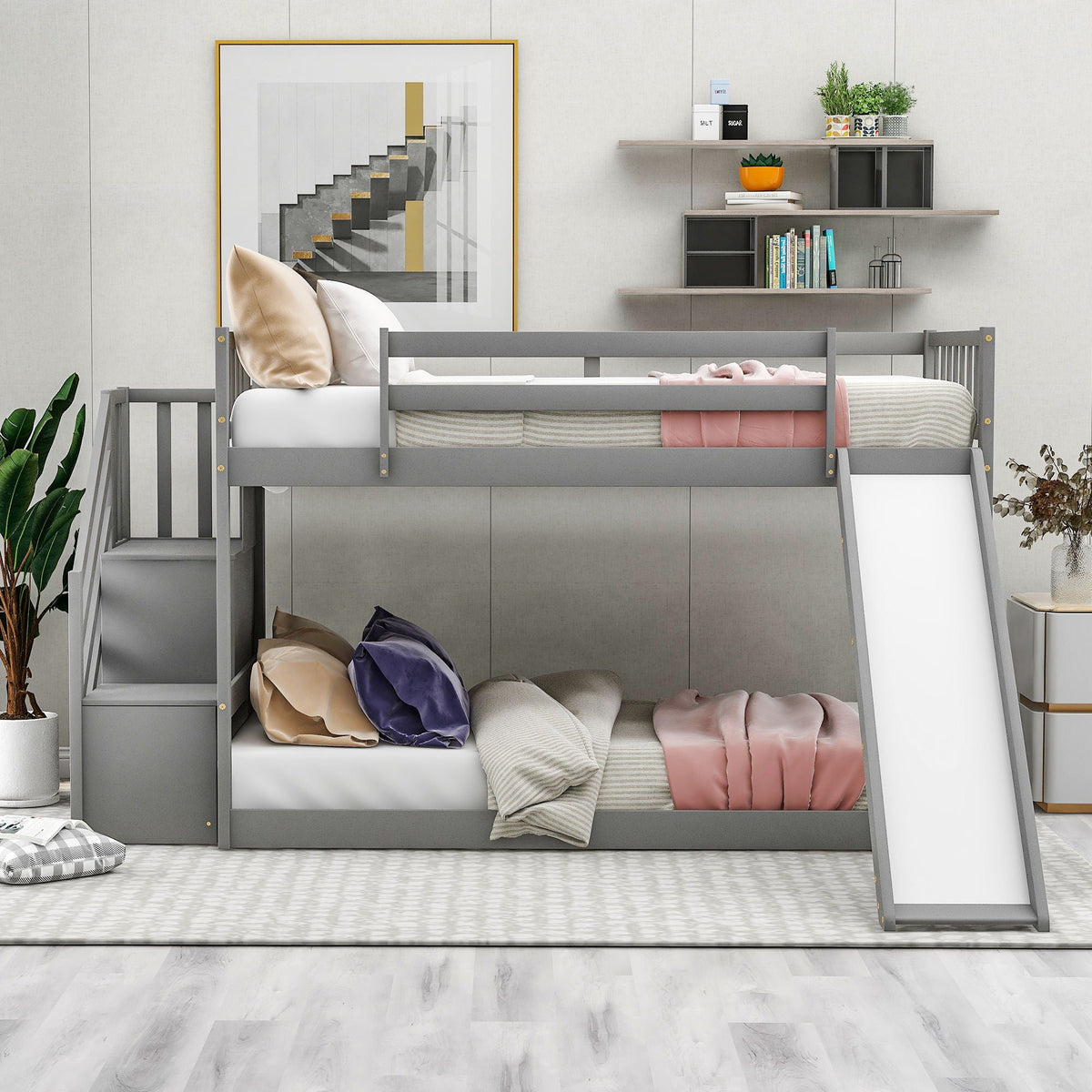 Bunk bed with convertible slide and stairway, gray metal frame by HouseOfZazla on Tampa Home & Garden Store