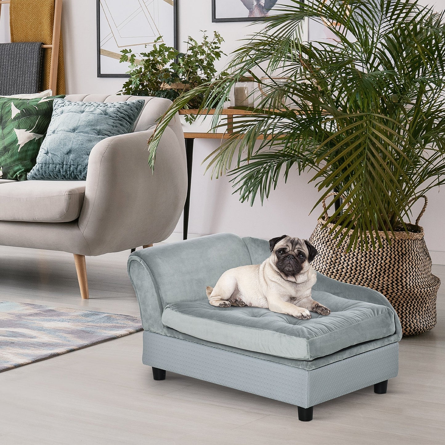 PawHut Luxury Fancy Dog Bed for Small Dogs with Hidden Storage light blue fabric cushion on Tampa Home & Garden Store