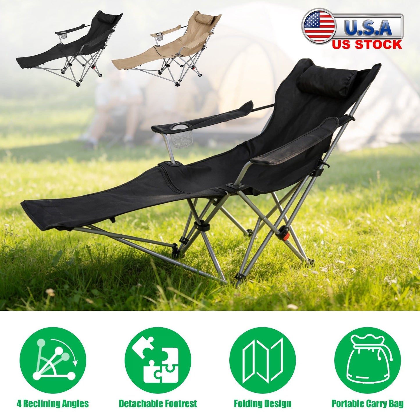 GemGear reclining camping chair with footrest and cup holder, 4-position folding chair black on Tampa Home & Garden Store