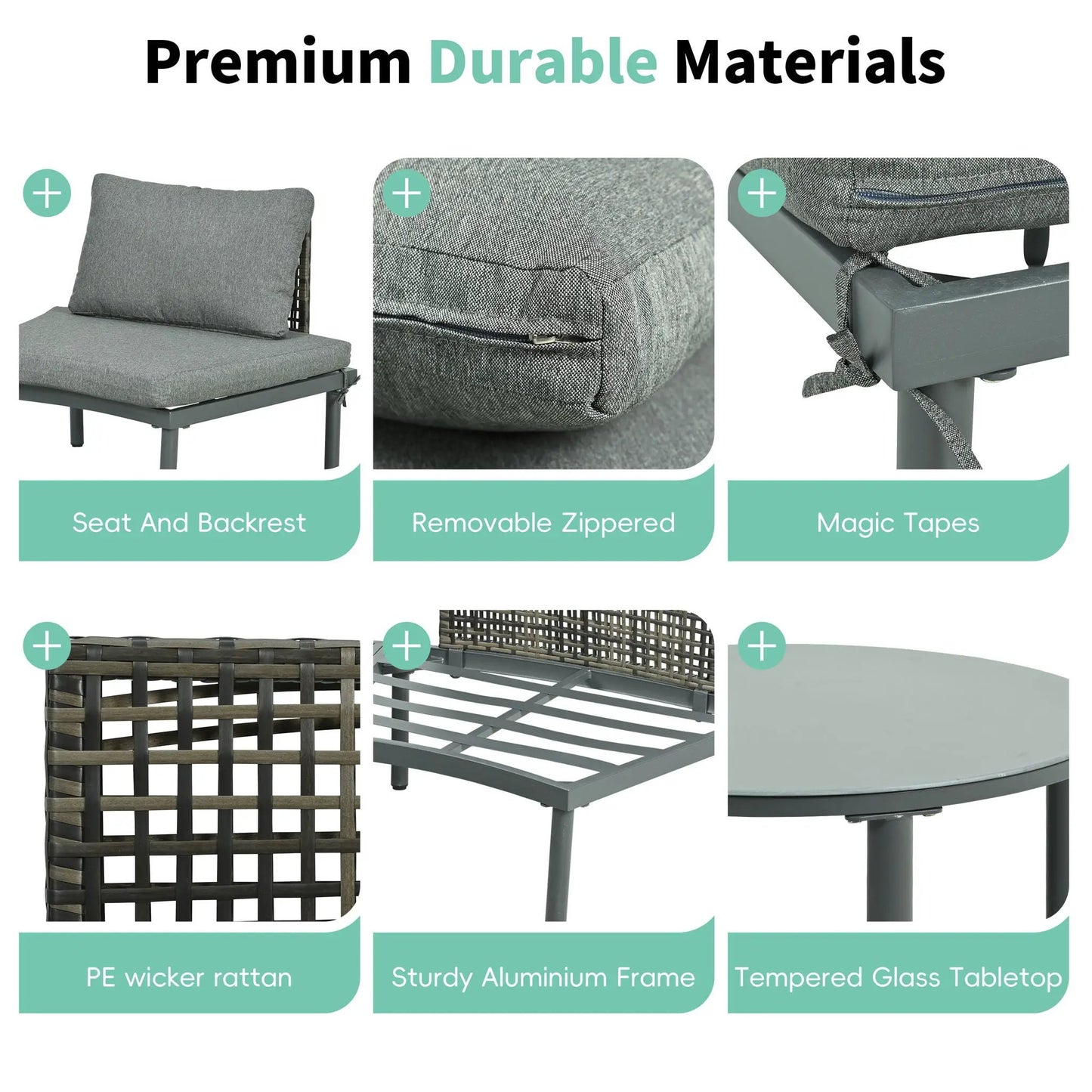 6 Piece Patio Set half Moon with 2 tables, 4 cushions PE wicker aluminium frame tempered glass on Tampa Home & Garden Store