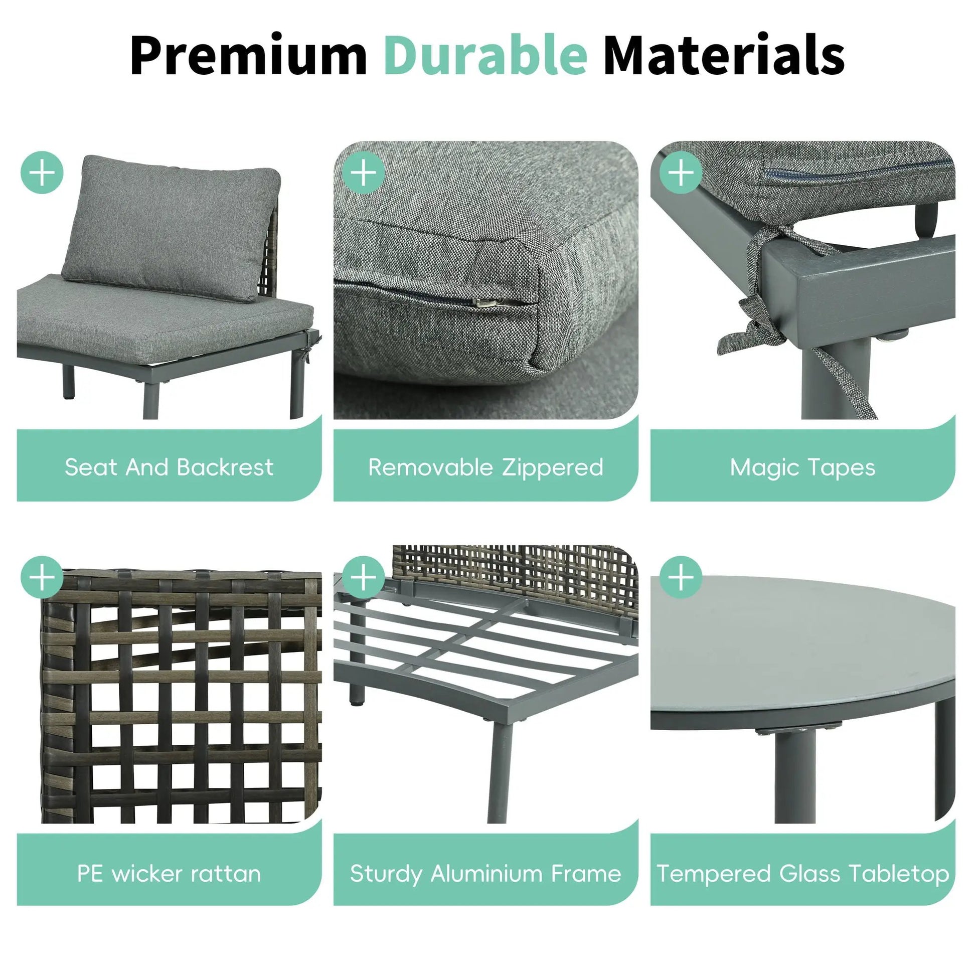 6 Piece Patio Set half Moon with 2 tables, 4 cushions PE wicker aluminium frame tempered glass on Tampa Home & Garden Store