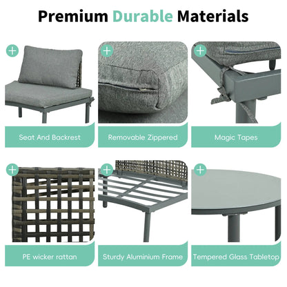6 Piece Patio Set half Moon with 2 tables, 4 cushions PE wicker aluminium frame tempered glass on Tampa Home & Garden Store