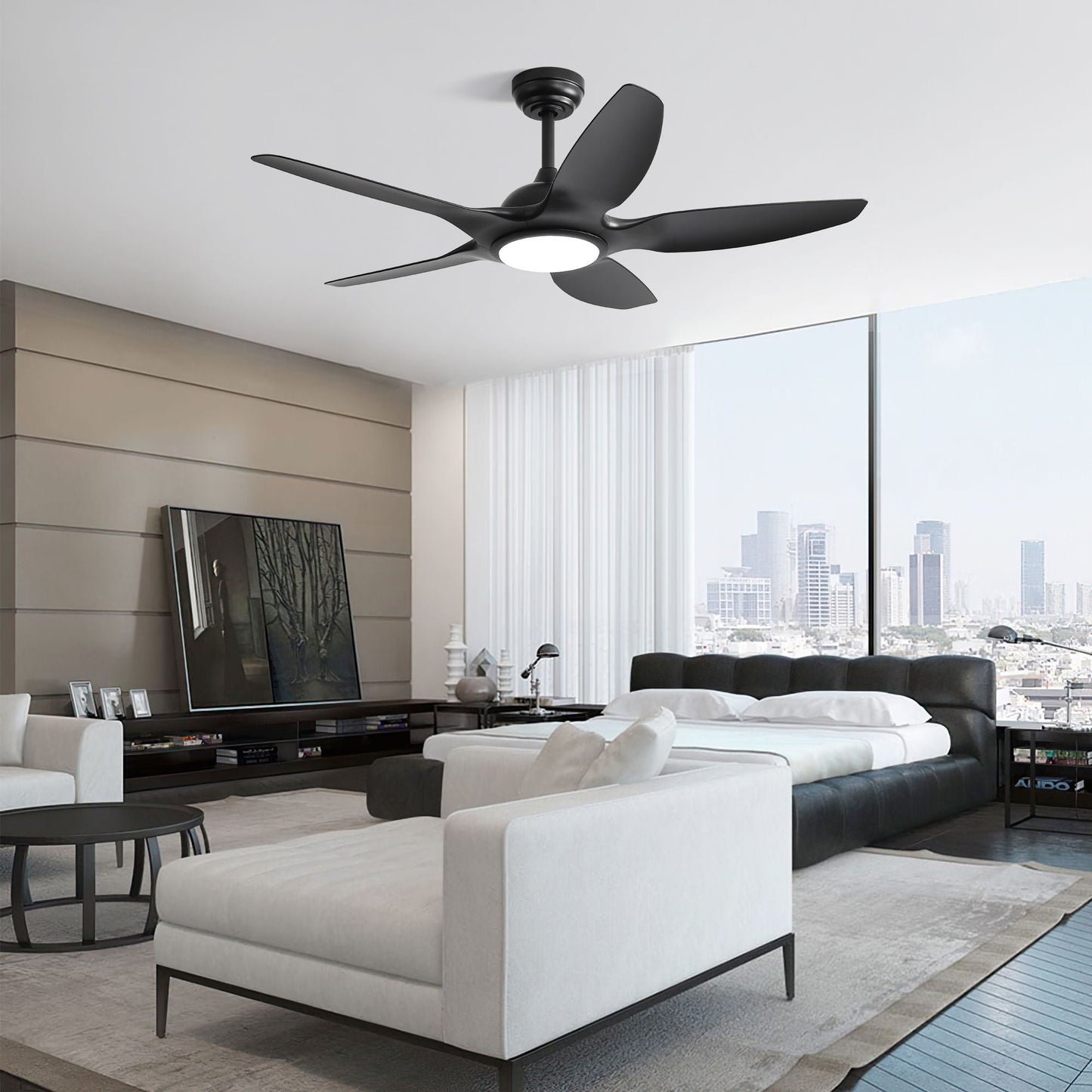 Ceiling fan with dimmable LED light and remote, 5 black blades, DC motor, HouseOfZazla on Tampa Home & Garden Store