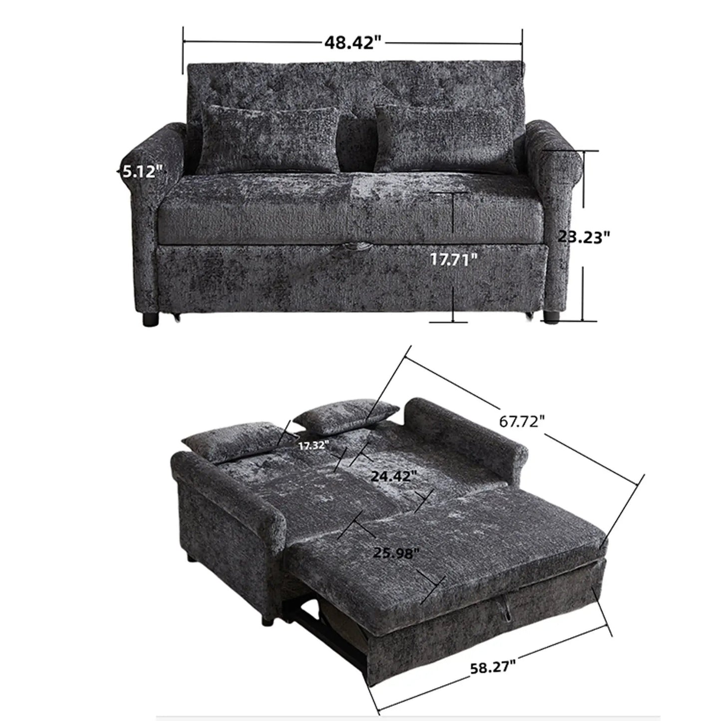 Loveseat sofa bed with gray textured upholstery, pull-out sleeper, and 2 pillows on Tampa Home & Garden Store