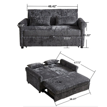 Loveseat sofa bed with gray textured upholstery, pull-out sleeper, and 2 pillows on Tampa Home & Garden Store