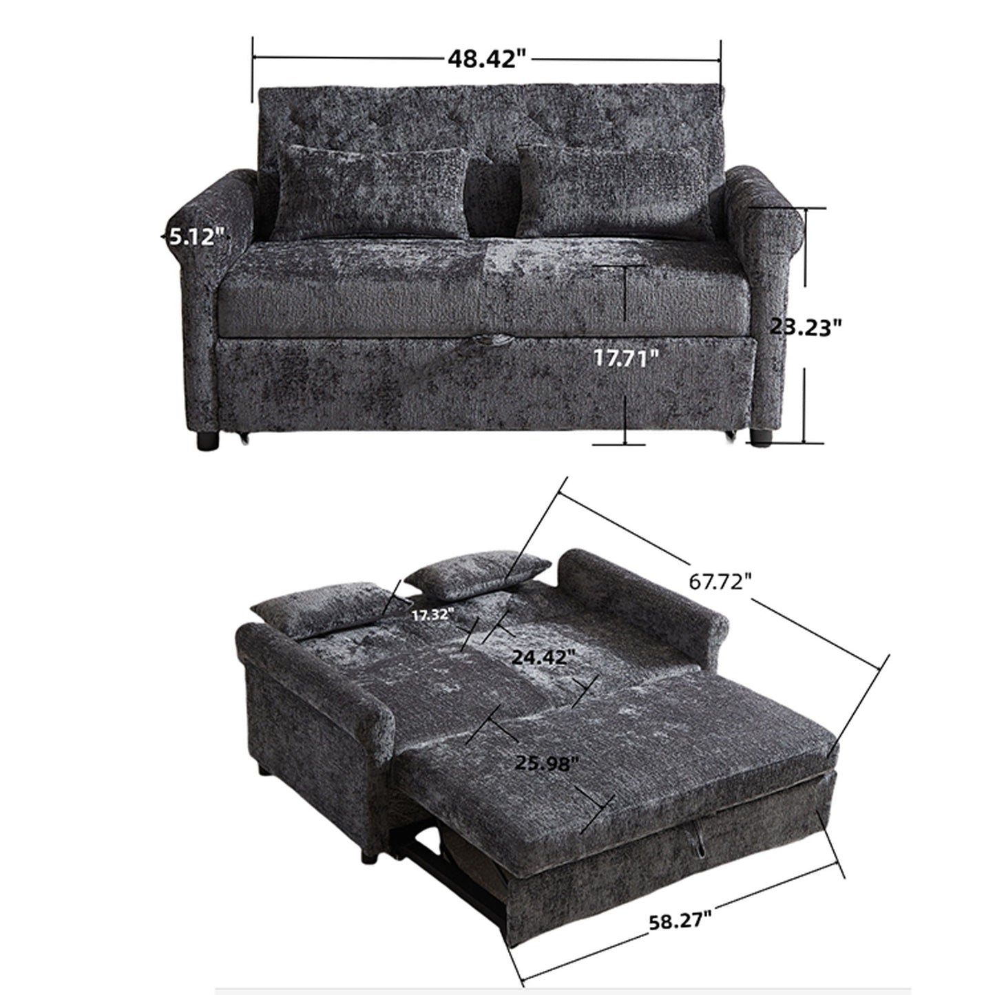 Loveseat Sofa Bed and Two Soft Throw Pillows