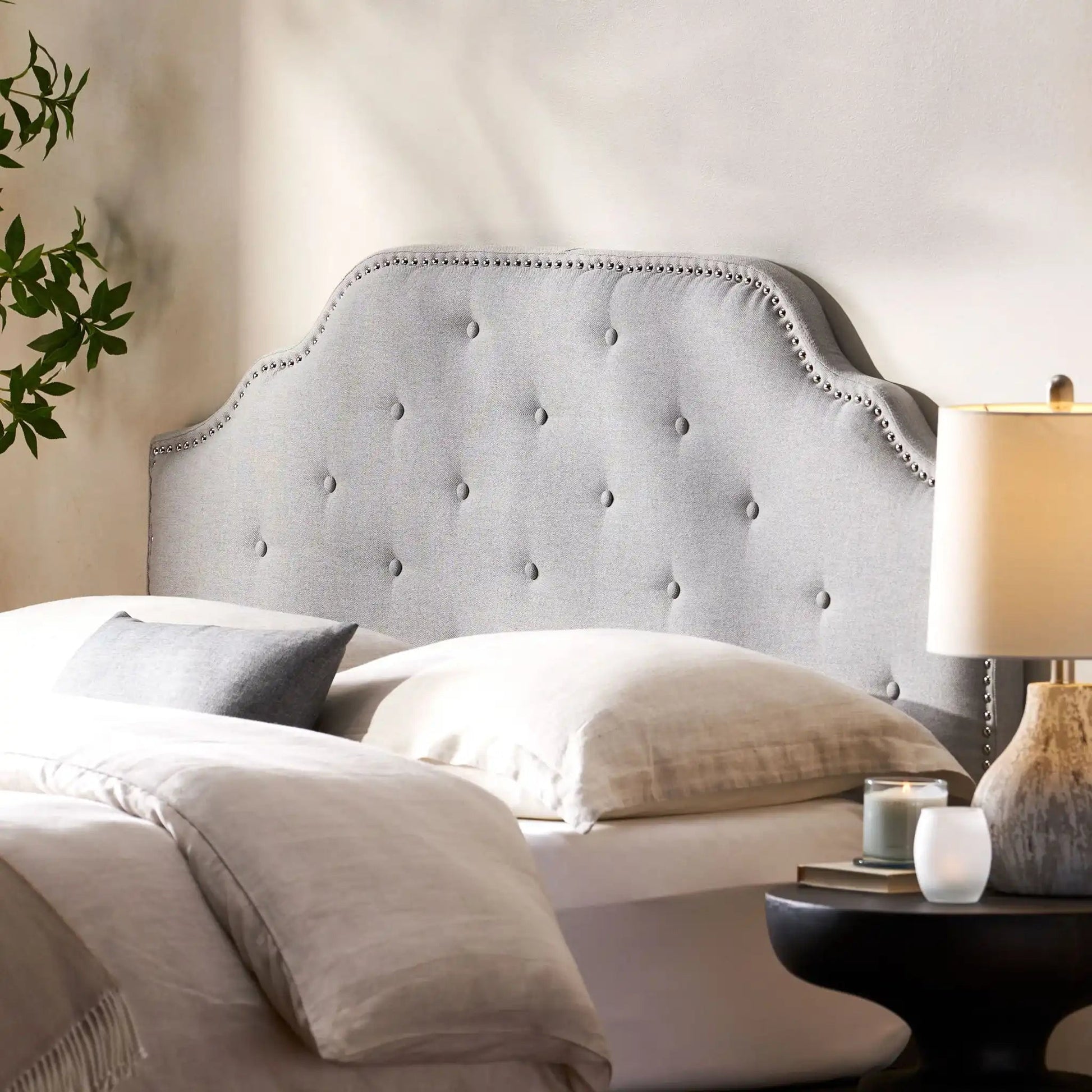 Luella Button Tufted Upholstered Headboard in gray with nailhead trim by HouseOfZazla on Tampa Home & Garden Store