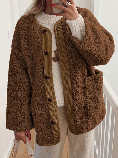 Stevvex sherpa jacket with brown fleece, contrast rib trim and button front, cozy pockets on Tampa Home & Garden Store