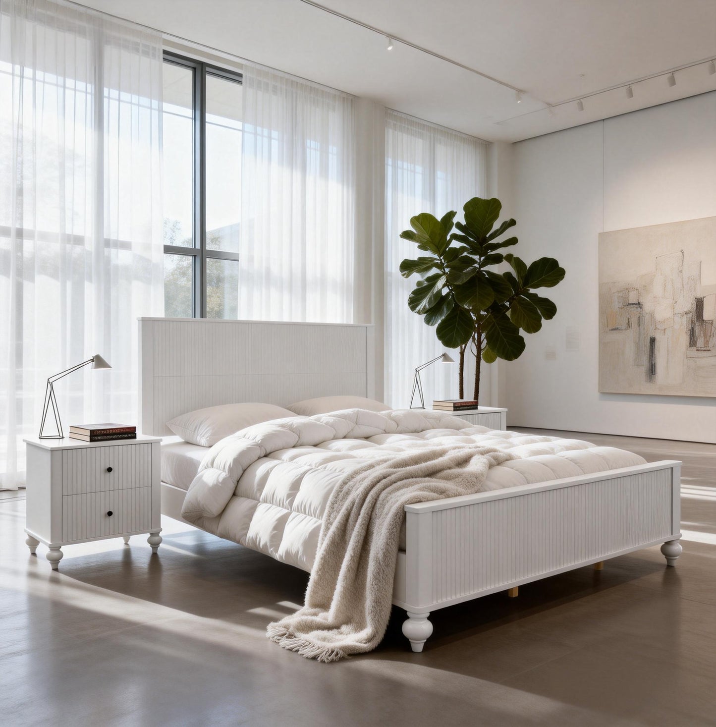 Solid White Queen Bed Frame and Wooden Board