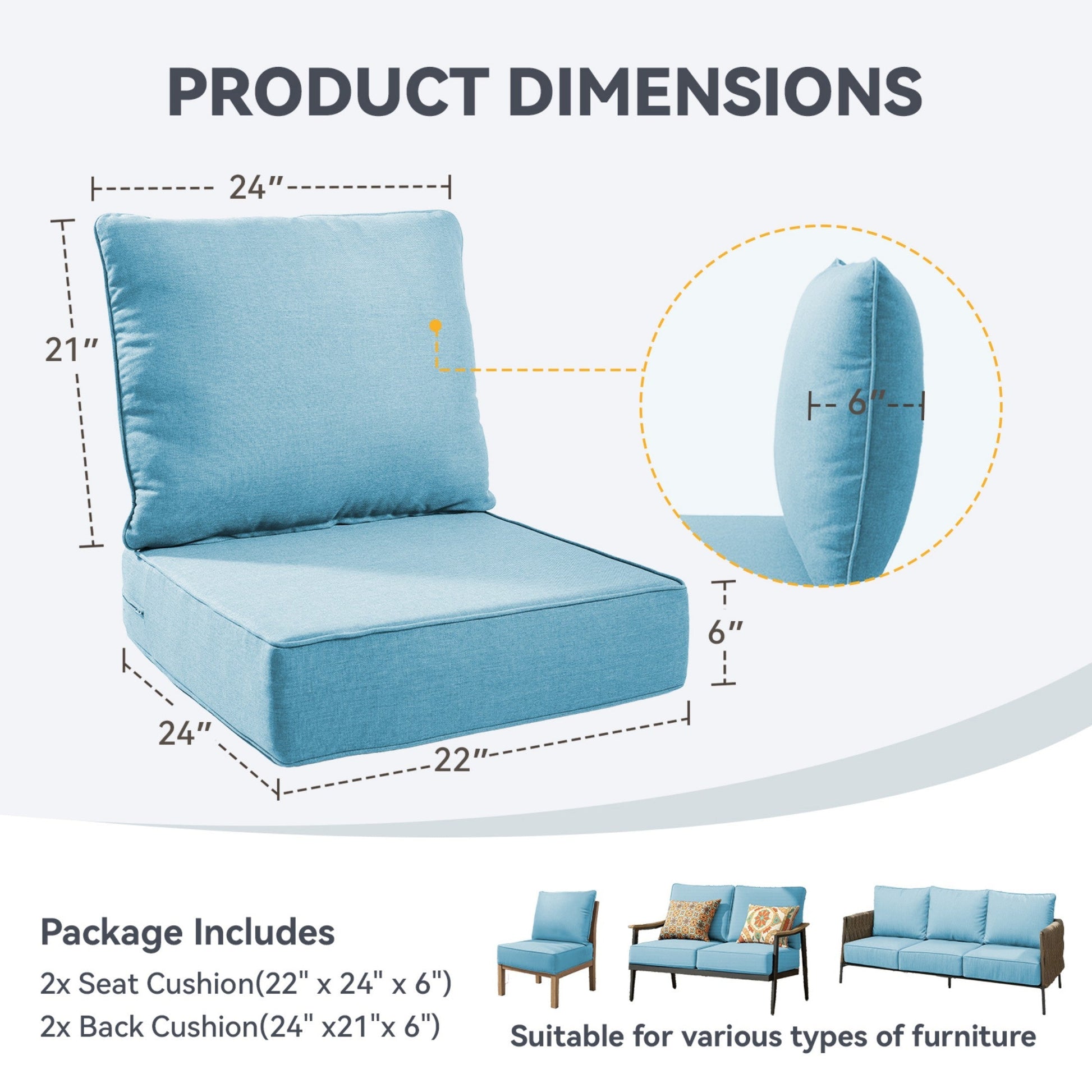 Waterproof outdoor cushion set 6 inch thick by HouseOfZazla, 2x seat & 2x back cushions on Tampa Home & Garden Store