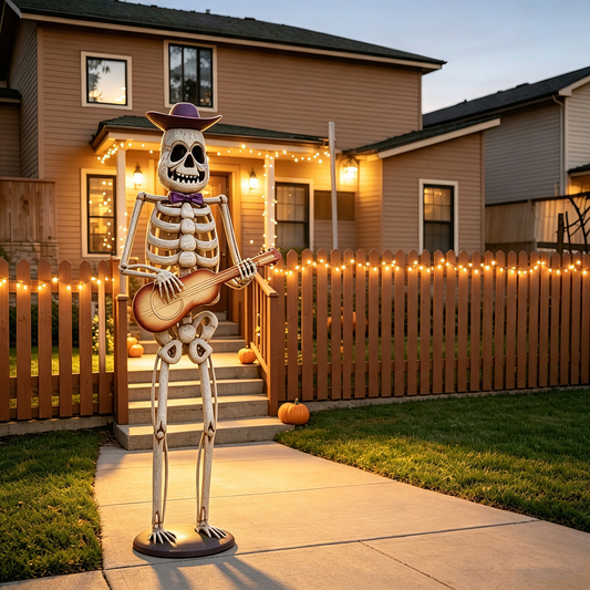 Halloween Skeleton Yard Decor statue with guitar, cream bone finish, purple hat HouseOfZazla on Tampa Home & Garden Store