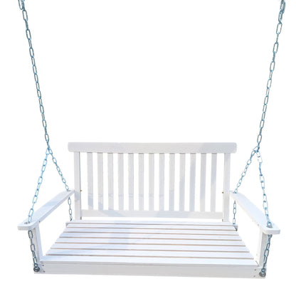 White wooden front porch swing with armrests on metal chains by HouseOfZazla on Tampa Home & Garden Store
