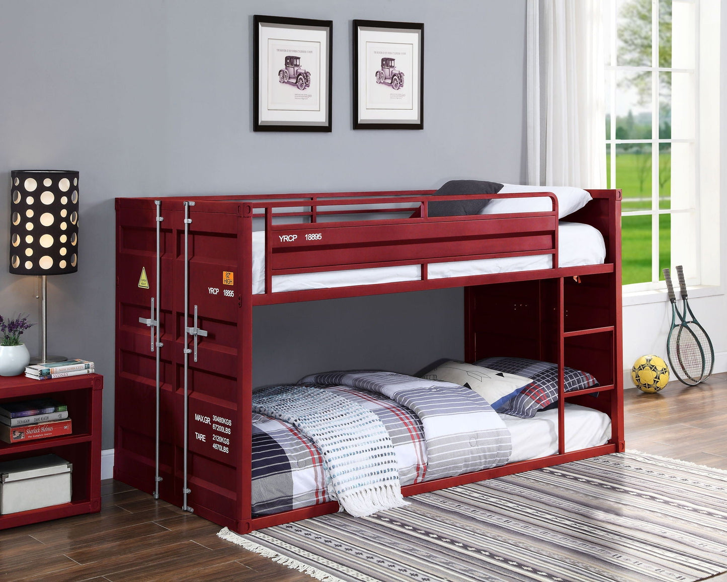Cargo Twin Over Twin Bunk Bed red metal frame by HouseOfZazla on Tampa Home & Garden Store