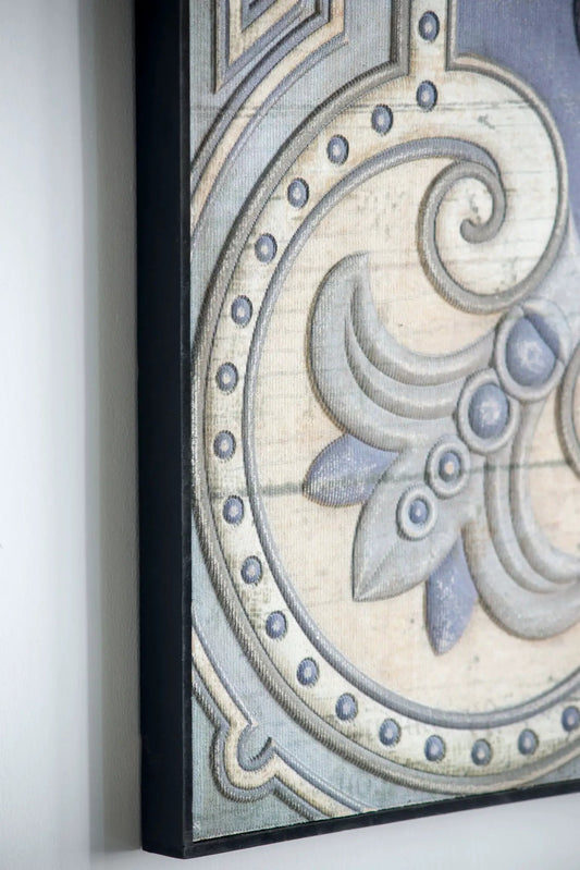 Large square wall decor panel in multicolor tones with decorative scroll motif and black frame on Tampa Home & Garden Store
