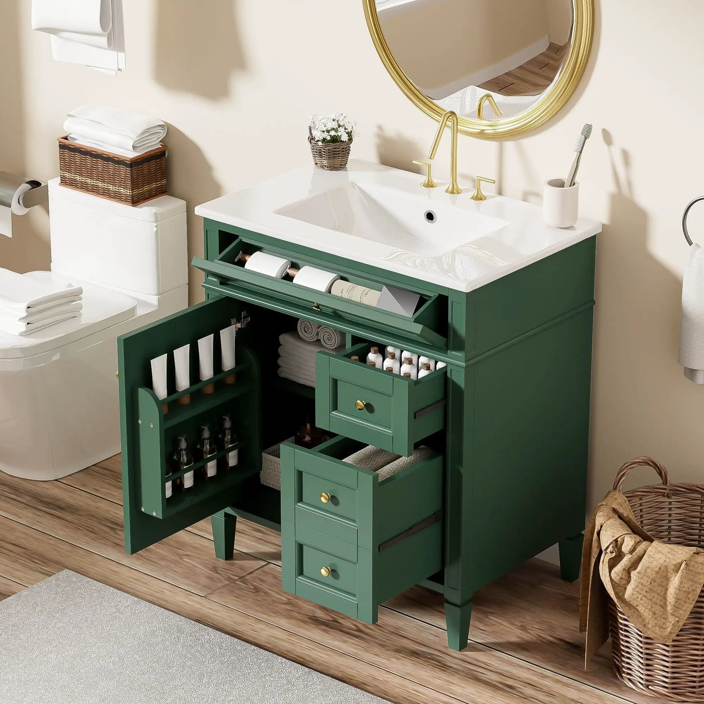 Bathroom vanity with top sink, 2 drawers, tip-out drawer green with white top, gold faucet on Tampa Home & Garden Store