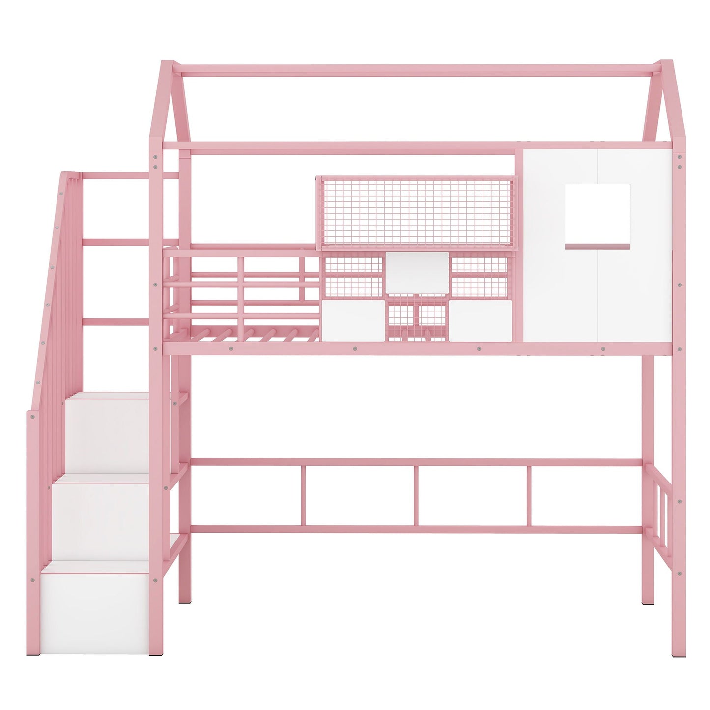 Pink metal loft bed with roof, guardrails, integrated ladder and storage box by HouseOfZazla on Tampa Home & Garden Store
