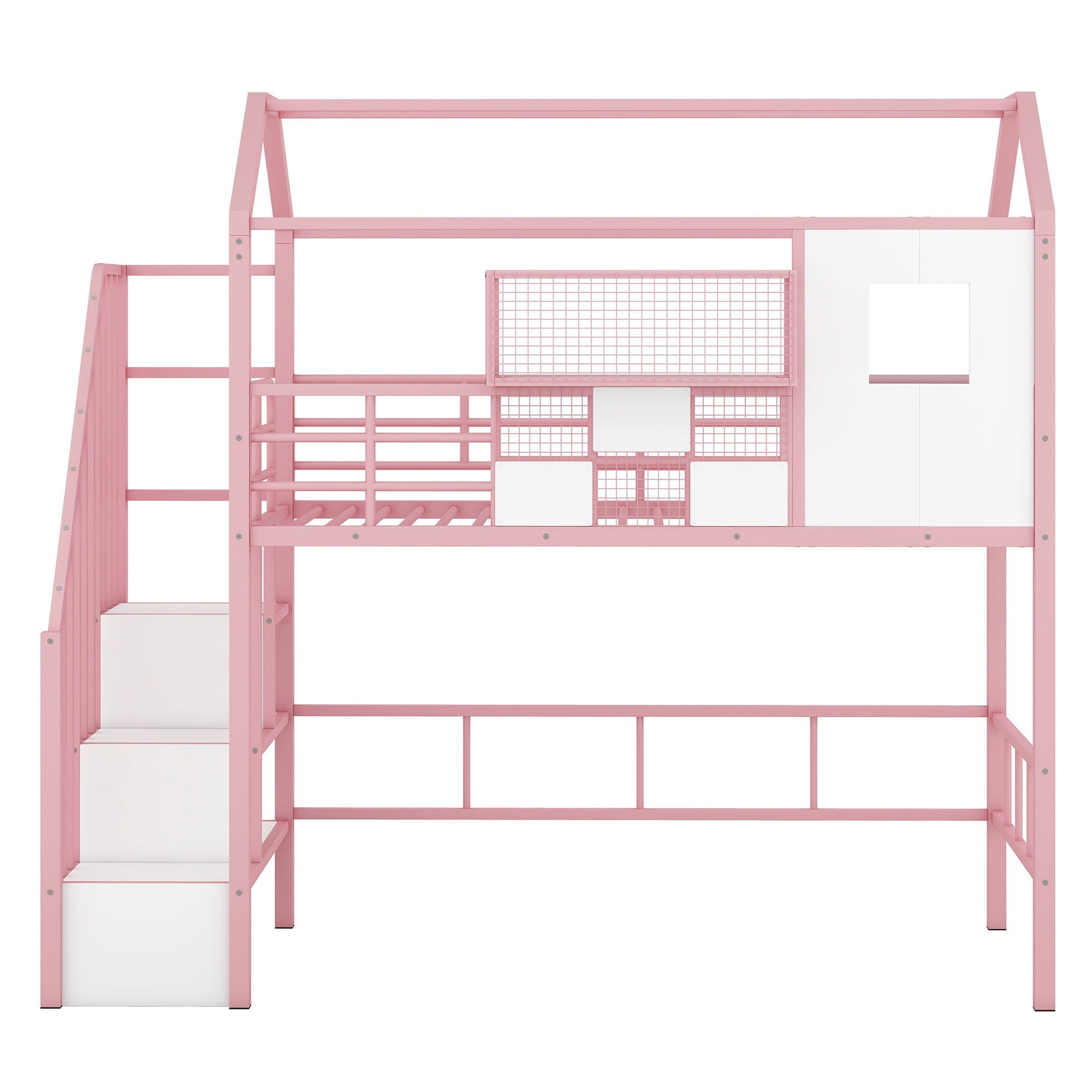 Pink metal loft bed with roof, guardrails, integrated ladder and storage box by HouseOfZazla on Tampa Home & Garden Store