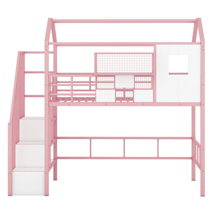 Pink metal loft bed with roof, guardrails, integrated ladder and storage box by HouseOfZazla on Tampa Home & Garden Store