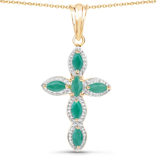 Emerald cross pendant 18K gold plated with marquise emeralds and diamond halos on chain on Tampa Home & Garden Store