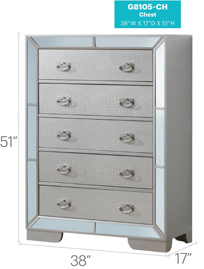 Sleek accent chest with mirrored frame and textured pearl silver drawers on Tampa Home & Garden Store