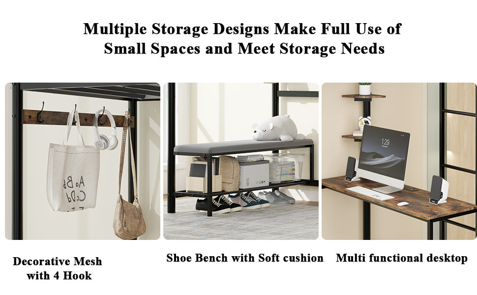 Twin Size Loft Bed Frame with Storage 3-item collage mesh with 4 hooks, shoe bench cushion, desk on Tampa Home & Garden Store
