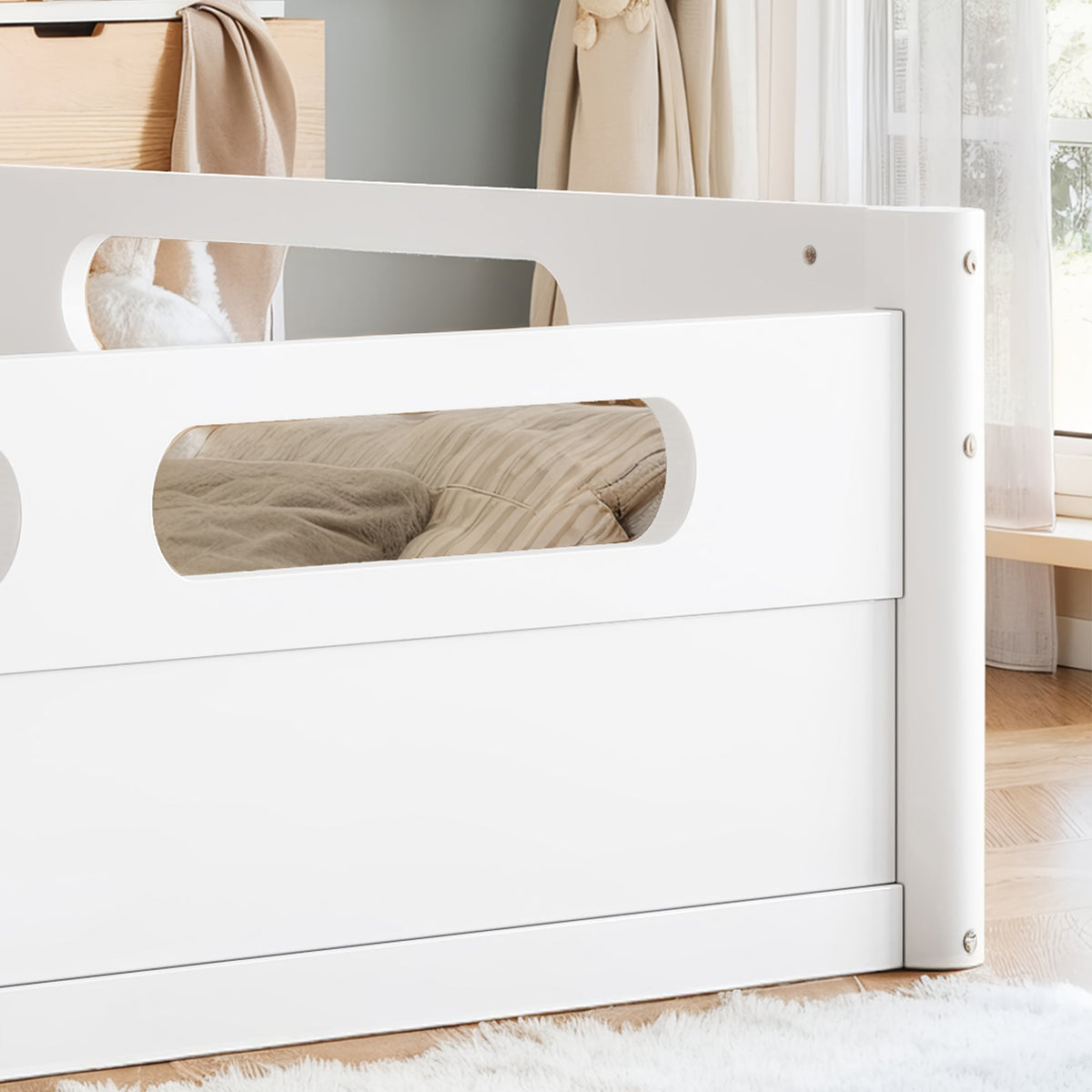 Queen size floor platform bed with full-length guardrails in white finish HouseOfZazla on Tampa Home & Garden Store