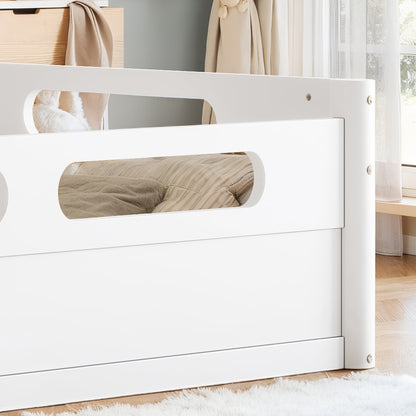 Queen size floor platform bed with full-length guardrails in white finish HouseOfZazla on Tampa Home & Garden Store