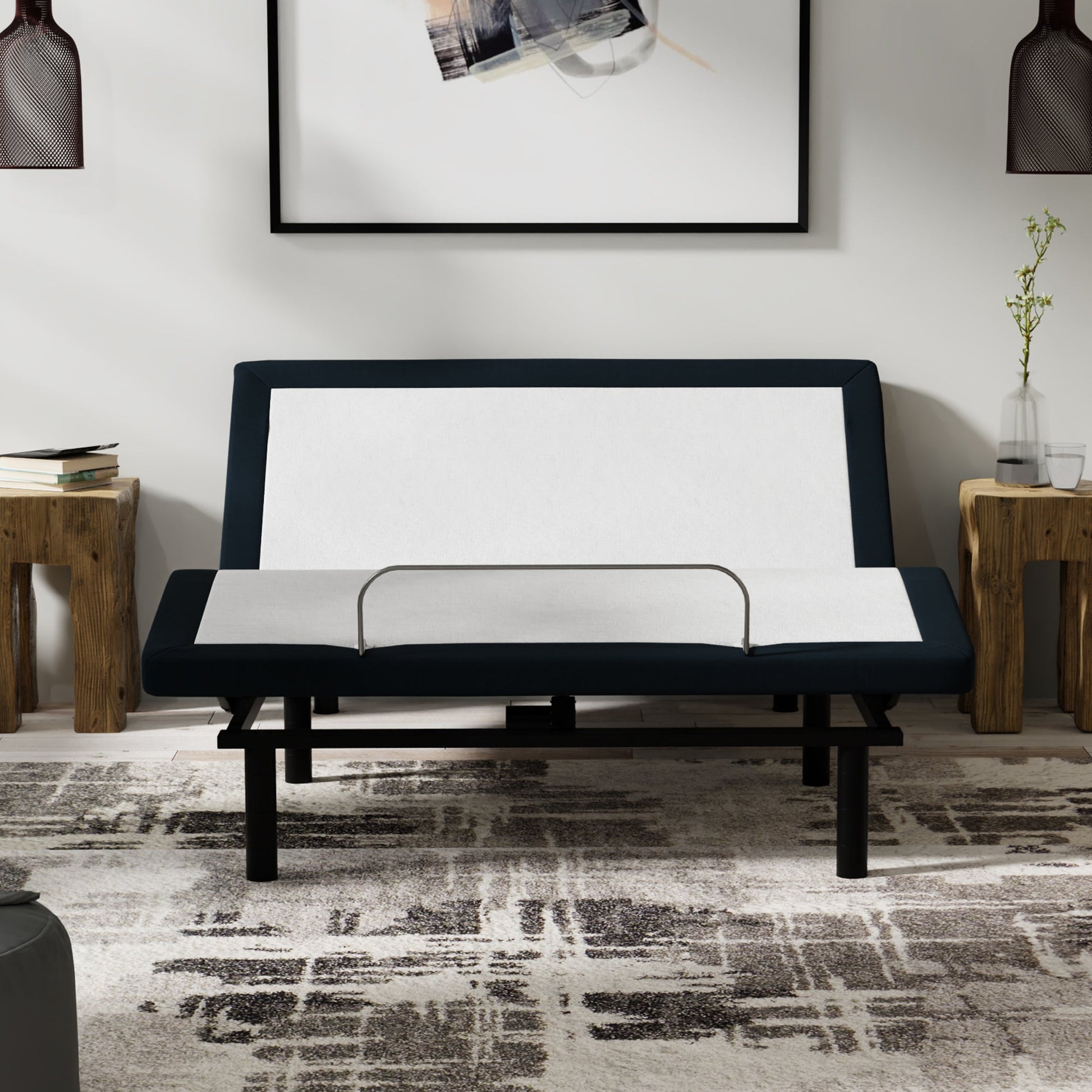 Model P2 adjustable base full by HouseOfZazla with navy frame in a bedroom on Tampa Home & Garden Store