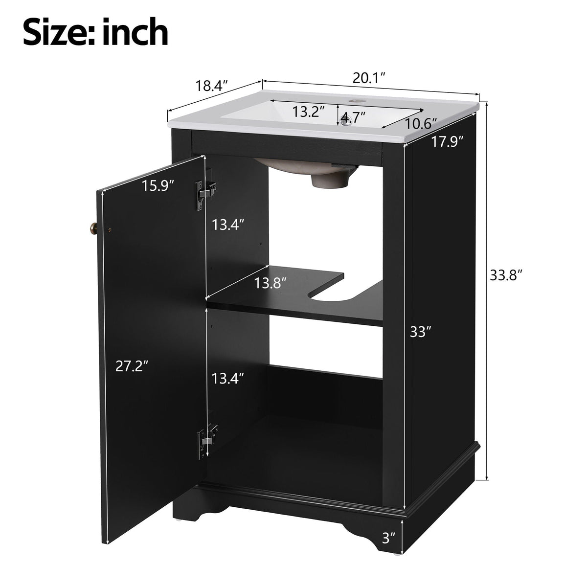 Bathroom vanity with sink, freestanding black cabinet, white countertop, single sink on Tampa Home & Garden Store