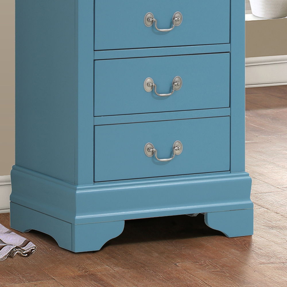 Traditional style lingerie chest in blue with 3 dovetail drawers and silver pulls on Tampa Home & Garden Store
