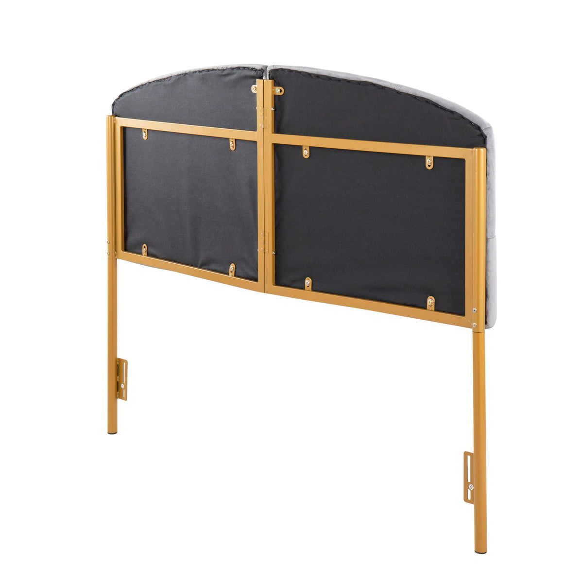 Contemporary glam upholstered headboard back view with black fabric and gold metal frame on Tampa Home & Garden Store
