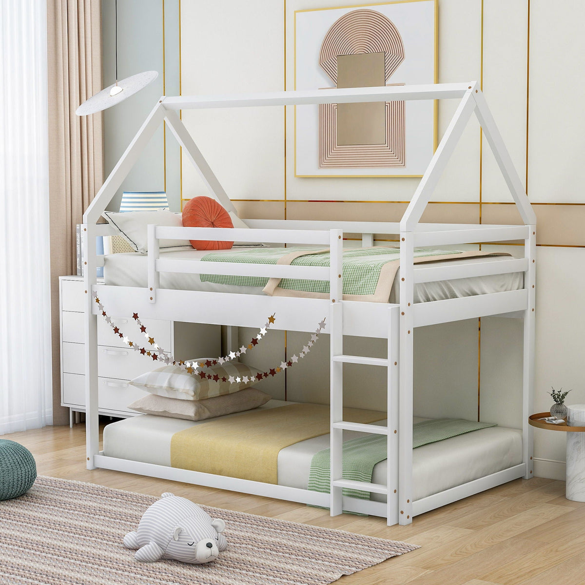 Low bunk bed with house-shaped frame by HouseOfZazla; white wood, built-in ladder on Tampa Home & Garden Store